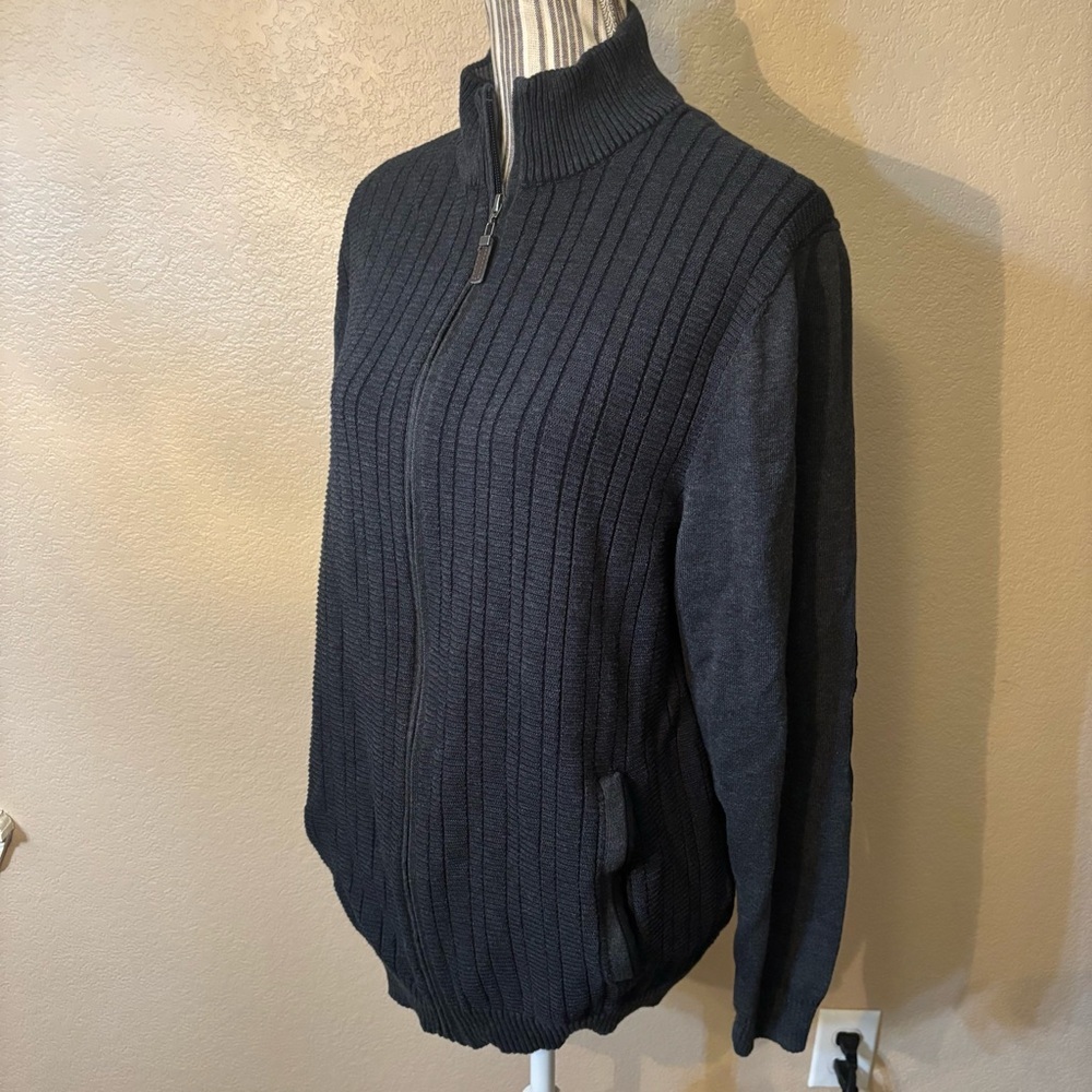 Tasso Elba Zip-Up Sweater XL Charcoal Grey Ribbed Full Zip Knit Cardigan Cotton - Picture 9 of 16